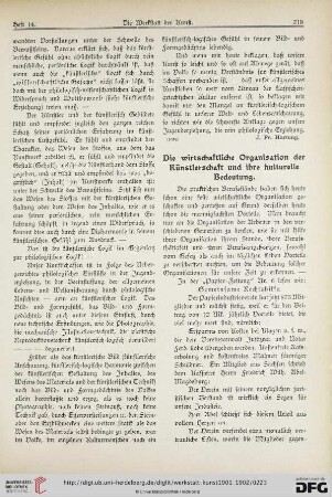 1: Die wirtschaftliche Organisation der Künstlerschaft und ihre kulturelle Bedeutung