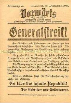 Sonderausgabe des "Vorwärts" mit dem Aufruf zum Generalstreik