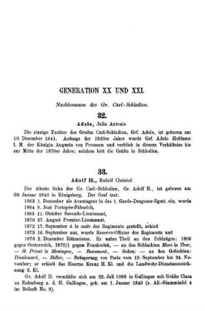 Generation XX und XXI. Nachkommen des Gr. Carl-Schlodien