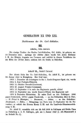 Generation XX und XXI. Nachkommen des Gr. Carl-Schlodien