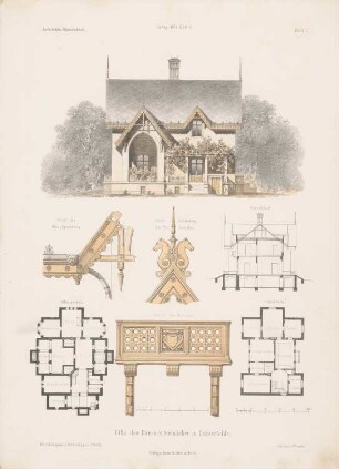 Villa des Baron Steinäcker, Berlin-Lichterfelde: Ansicht, Schnitt, Grundrisse, Details (aus: Architektonisches Skizzenbuch, H. 106/1, 1871)