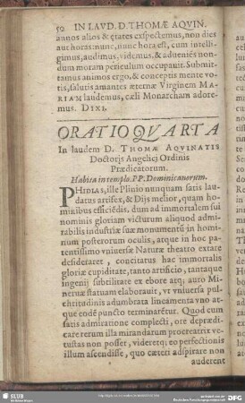 Oratio Quarta. In laudem D. Thomae Aquinatis Doctoris Angelici Ordinis Praedicatorum