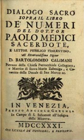 Dialoghi Sacri Sopra La Divina Scrittura, 5. Il Libro De' Numeri