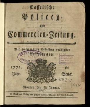 1tes Stueck, Montag den 6ten Januar 1772