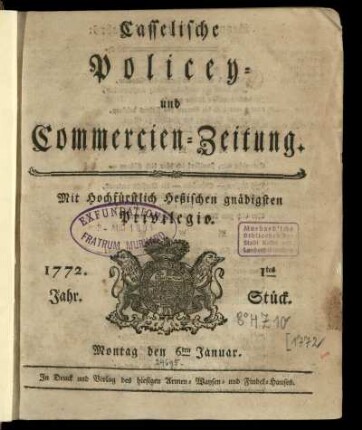 1tes Stueck, Montag den 6ten Januar 1772