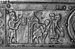 Mosaik-Ikone des heiligen Nikolaus — Ikonenrahmen — Translatio der Ikone: Übergabe der Ikone, Abreise