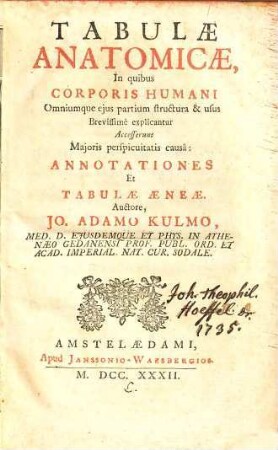Tabulae Anatomicae : In quibus Corporis Humani Omniumque ejus partium structura & usus Brevissimé explicantur ; Accesserunt perspicuitatis causâ : Annotationes Et Tabulae Aeneae
