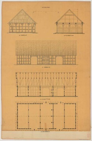 Lienen (Kreis Tecklenburg): Hof Baumhöfner. Scheune (Grundriss, Ansichten, Schnitte)