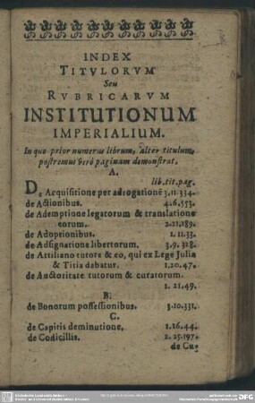 Index Titulorum Seu Rubricarum Institutionum Imperialium