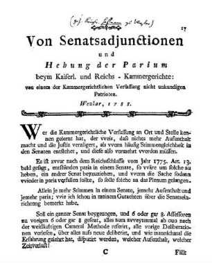 Von Senatsadjunctionen und Hebung der Parium beym Kaiserl. und Reichs-Kammergerichte / von einem der Kammergerichtlichen Verfassung nicht unkundigen Patrioten