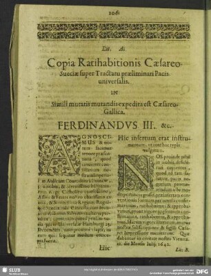 Lit. A. Copia Ratihabitionis Caesareo Suecicae super Tractatu praeliminari Pacis universalis In Simili mutatis mutandis expedita est Caesareo-Gallica