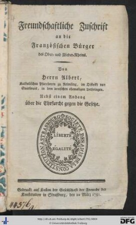 Freundschaftliche Zuschrift an die Französischen Bürger des Ober- und Nieder-Rheins