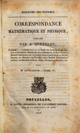 Correspondance mathématique et physique, 4. 1828