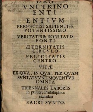Philosophica Investigatio Vitae Primae Et Immortalis A Qua Omnes res creatae suum ortum vitamque ducunt