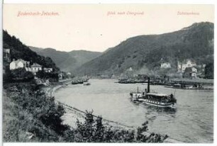 Bodenbach-Tetschen. Blick nach Obergrund. Schützenhaus : Tetschen-Bodenbach. Blick nach Obergrund und Schützenhaus über die Elbe mit Raddampfer "Bastei" (1896; Werft Blasewitz)