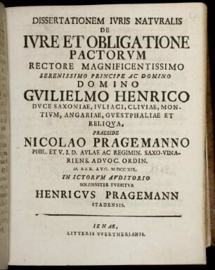 Dissertationem Iuris Naturalis De Iure Et Obligatione Pactorum