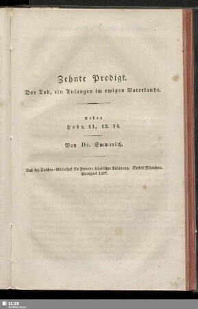 Zehnte Predigt. Der Tod, ein Anlangen im ewigen Vaterlande