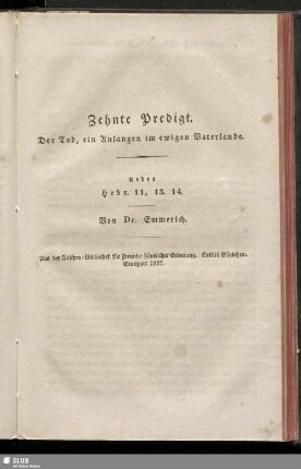 Zehnte Predigt. Der Tod, ein Anlangen im ewigen Vaterlande
