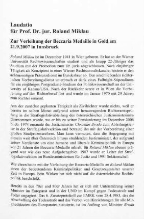 355-358, Laudatio für Prof. Dr. jur. Roland Miklau
