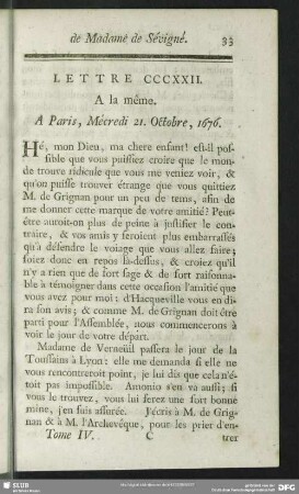 Lettre CCCXXII. A la même. A Paris, Mécredi 21. Octobre, 1676