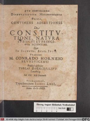 Disputationum Metaphysicarum Prima, Continens Adsertiones De Constitutione, Natura Subiecti Et Principiis Scientiae