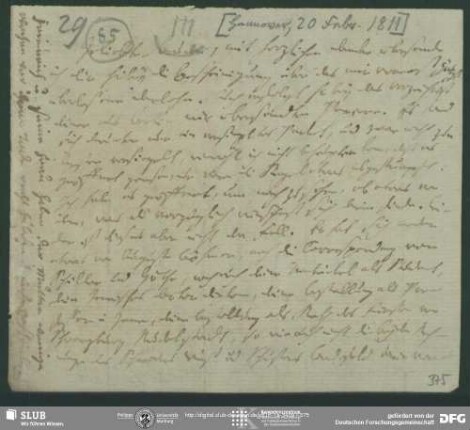 Eigenh. Brief von Johann Carl Fürchtegott Schlegel an August Wilhelm von Schlegel, Hannover, 20.02.1811