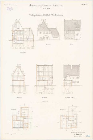 Regierungsgebäude, Minden: Nebengebäude zum Wohnhaus des Regierungspräsidenten: Grundriss Erdgeschoss, Obergeschoss, Aufriss Nordansicht, Ostansicht, Westansicht Längsschnitt, Querschnitt 1:100
