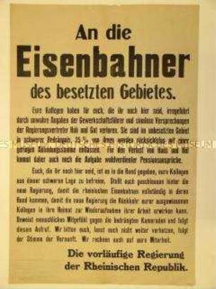 Aufruf rheinischer Separatisten an die Eisenbahner der besetzten Gebiete zur Beendigung des Streiks