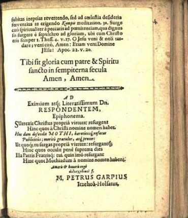 Ad Eximium atq[ue] Literarissimum Dn. Respondentem, Epiphonema.