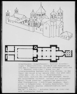 Schaffhausen: Grundriss und perspektivische Ansicht Münsterkirche vom Kloster Allerheiligen, 1. Bau
