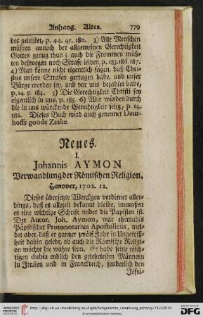[I. Johannis Aymon Verwandlung der Römischen Religion – X. D. Laur. Reinhardi Chronotaxis Nova Cantici Canticorum Salomonis &c.]