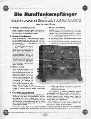 Der Radio-Apparat Telefunkon 3 Modernste Reflexschaltung