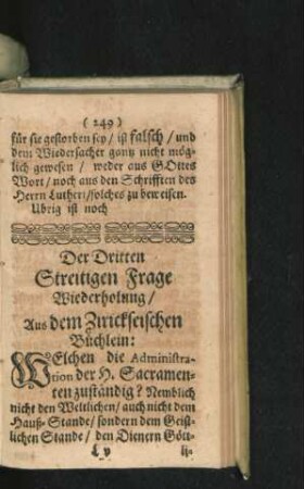 Der Dritten Streitigen Frage Wiederholung/ aus dem Zirickseisischen Büchlein.
