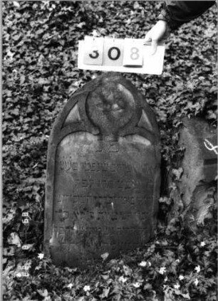 Grabstein 308 (Index: 99791692) Material: Sandstein Zustand: gut Maße HxBxT: 84x48x11 cm Beschreibung: Stele, Spitzbogenabschluß, Schriftfeld eingetieft Symbolik: Maßwerk, Blüte: Grabstein 308