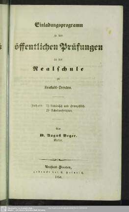 1853/54: Einladungsprogramm zu den öffentlichen Prüfungen an der Realschule zu Neustadt-Dresden