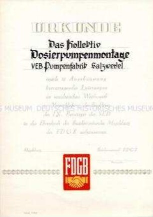 Kollektiv-Urkunde zur Aufnahme in das Ehrenbuch des Bezirksvorstandes Magdeburg des FDGB