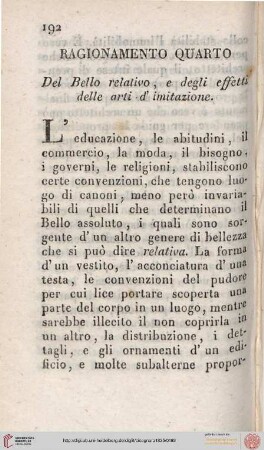 IV. Del Bello relativo, e degli effetti delle arti d'imitazione