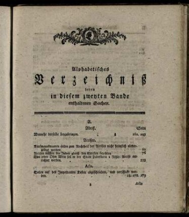Alphabetisches Verzeichniß deren in diesem zweyten Bande enhaltenen Sachen.