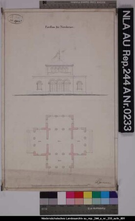 Ansicht und Grundriß eines Pavillons auf NORDERNEY Kolorierte Zeichnung von Oppermann Papier Format 28,8x45,8 M 1:130