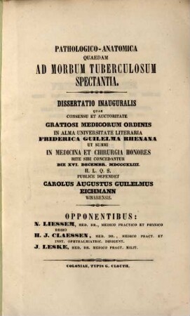 Pathologico-anatomica quaedam ad morbum tuberculosum spectantia
