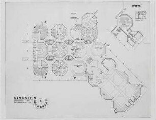 Wettbewerb Gymnasium Bückeburg, Vorschlag zum vollindustrialisierten Industriebau aus Stahl (nicht realisiert) – Grundrisse EG, Keller. Bückeburg/Niedersachsen, Lulu-von-Strauß-und-Torney-Straße 30