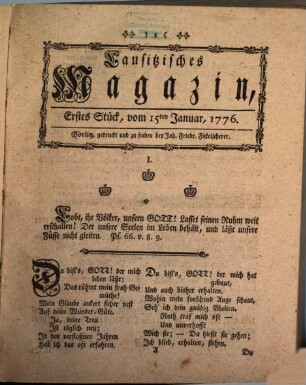 Lausitzisches Magazin oder Sammlung verschiedener Abhandlungen und Nachrichten zum Behuf der Natur-, Kunst-, Welt- und Vaterlandsgeschichte, der Sitten, und der schönen Wissenschaften. 9. 1776