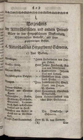 I. Verzeichnis der Ritterschaftlichen und andern Privat-Güter in den Herzogthümern Mecklenburg, Schwerinschen Antheils [...]