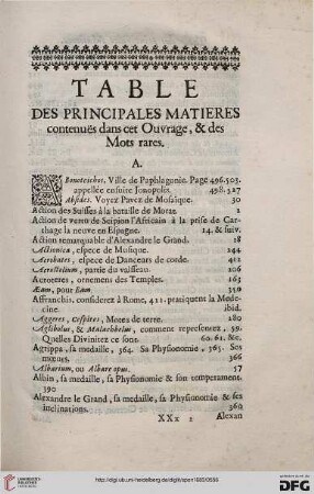 Table des principales matieres contenuës dans cet Ouvrage, & des Mots rares