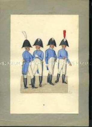 Uniformdarstellung, Auditeur, Regiments-Quartiermeister der der Leib-Garde, Regiments-Chirurg, Kompanie-Chirurg der Artillerie, Sachsen, 1810/1811. Veränderte Kopie aus: Abbildung der neu organisierten Königlich-Sächsischen Armee.