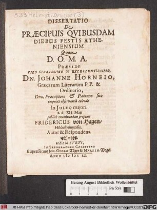 Dissertatio De Praecipuis Quibusdam Diebus Festis Atheniensium