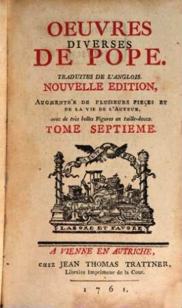 Oeuvres Diverses De Pope : Traduites De L'Anglois. 7, Suite Des Lettres Du Dr. Jonathan Swift Et De Mr. Pope, & c.