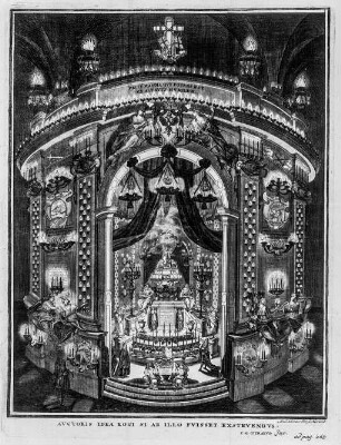 Heraeus, Carl Gustav: Inscriptiones et Symbola Varii Argumenti, 1734. Nunzer, Andreas: Auctoris idea rogi si ab illo fuisset exstruendus, ad page 262, Kupferstich; 36,4 x 27,5 cm (Plattengröße). Dresden: SLUB Art.plast.2685