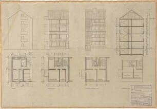 Schneider - Esleben, Paul; Düsseldorf, Grafenberger Allee 258; Haniel-Garage, Großgarage und Personalgebäude - Wohnhaus Haniel - Garage (Grundriss; Ansicht; Schnitt)