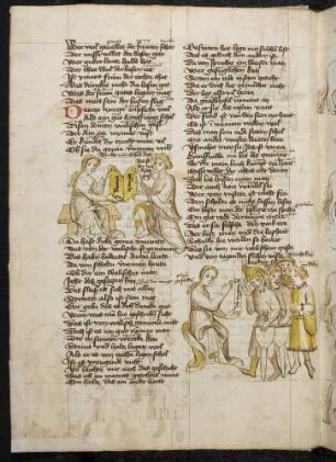 (1) Dedikationsbild: Übergabe des Werks "Der welsche Gast"; (2) Die Tugend befehligt ihre Ritter Stetigkeit, Maße, Gerechtigkeit und Mildtätigkeit; (Prolog)